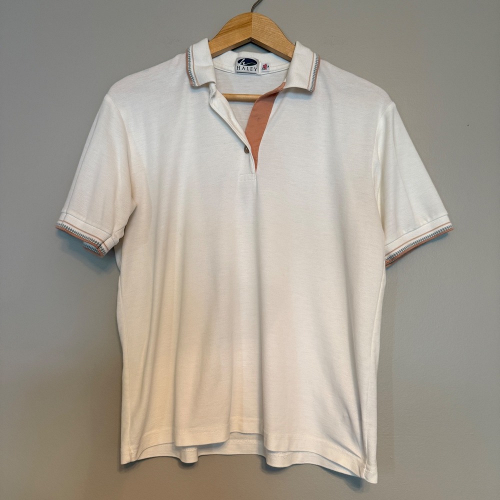 Haley Vintage White Pima Cotton Polo Shirt Made in USA Mens Medium‎ Short Sleeve